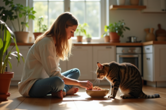Femme donnant un bol de nourriture à son chat dans une cuisine lumineuse