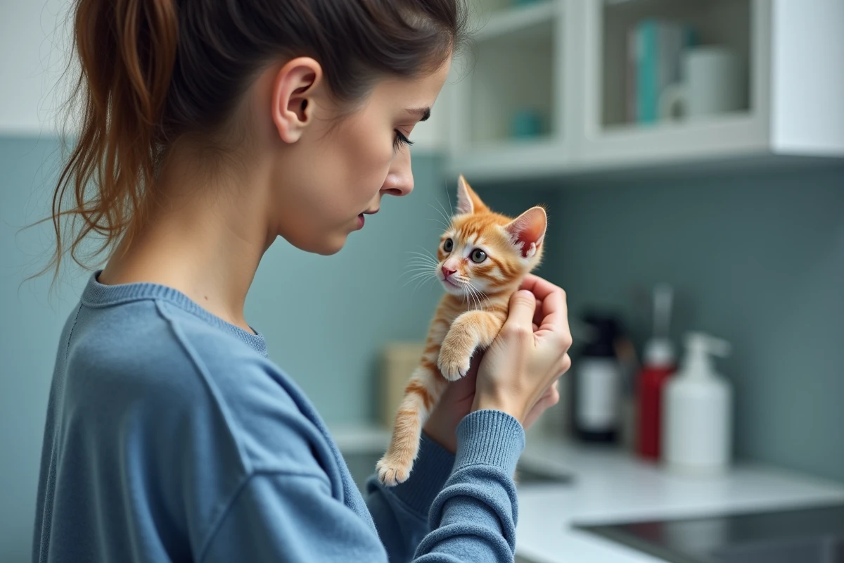 Femme attentive tenant un chaton orange dans un cabinet vétérinaire