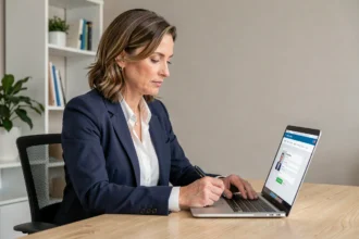 Femme professionnelle souscrivant une assurance RC professionnelle en ligne sur son ordinateur portable au bureau