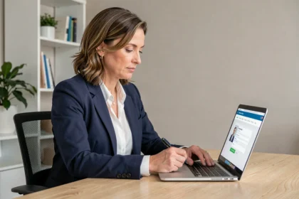 Femme professionnelle souscrivant une assurance RC professionnelle en ligne sur son ordinateur portable au bureau