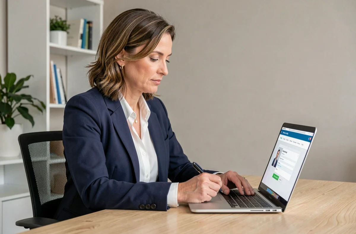 Femme professionnelle souscrivant une assurance RC professionnelle en ligne sur son ordinateur portable au bureau