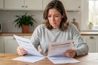 Femme consultant des documents de remboursement de mutuelle à la table de cuisine