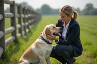 Femme vérifiant les dents d'un labrador en extérieur