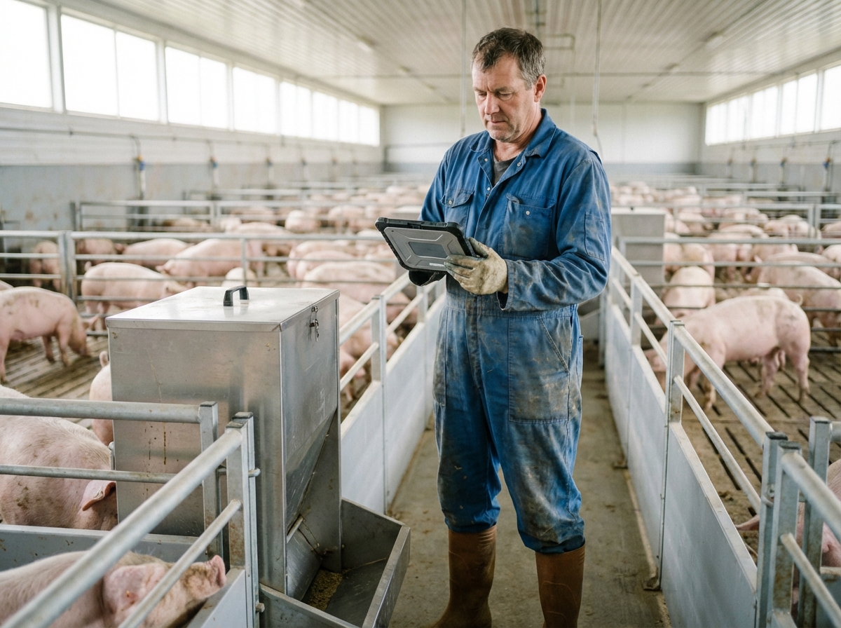 Fermeur inspectant un mangeur automatique de porcs