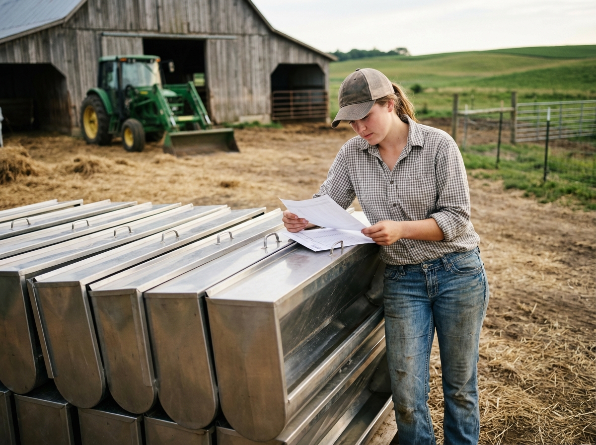 Jeune fermière vérifiant des abreuvoirs et mangeoires