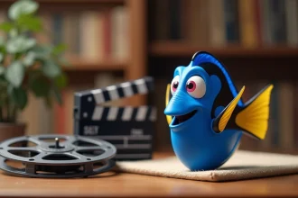 Figurine collector du poisson Doris de Disney Pixar posée sur un bureau en bois avec une bobine de film vintage