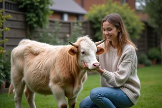 Jeune femme caressant une vache fluffy dans son jardin