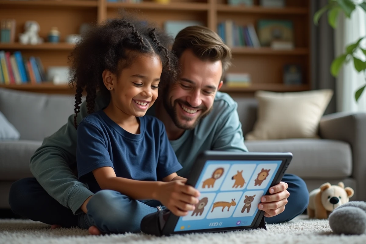 Fille de 9 ans jouant avec une tablette en famille dans le salon