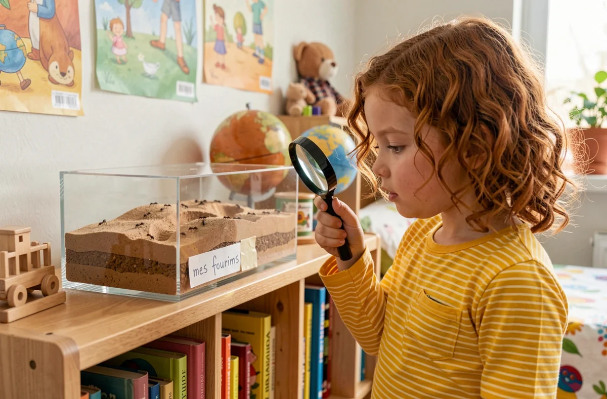 Fillette de 8 ans avec loupe observant une fourmilière en sable sur une étagère de chambre enfant