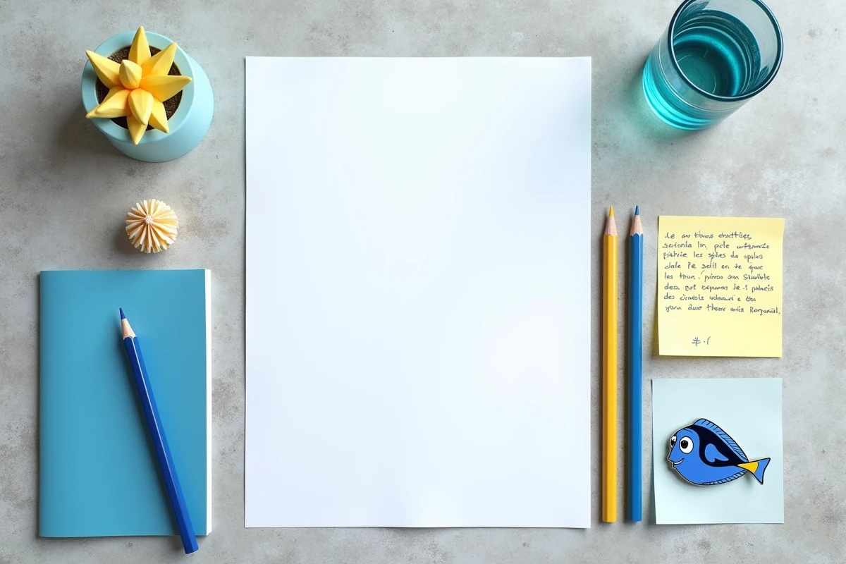 Flat lay éditorial autour du personnage Doris de Disney Pixar avec article imprimé, pin's et crayons colorés