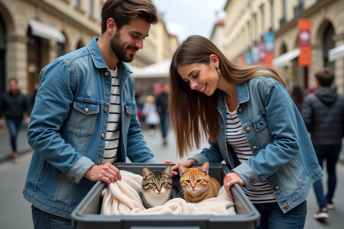 Couple découvrant des chats à adopter lors d'une foire d'adoption à Lyon Part-Dieu