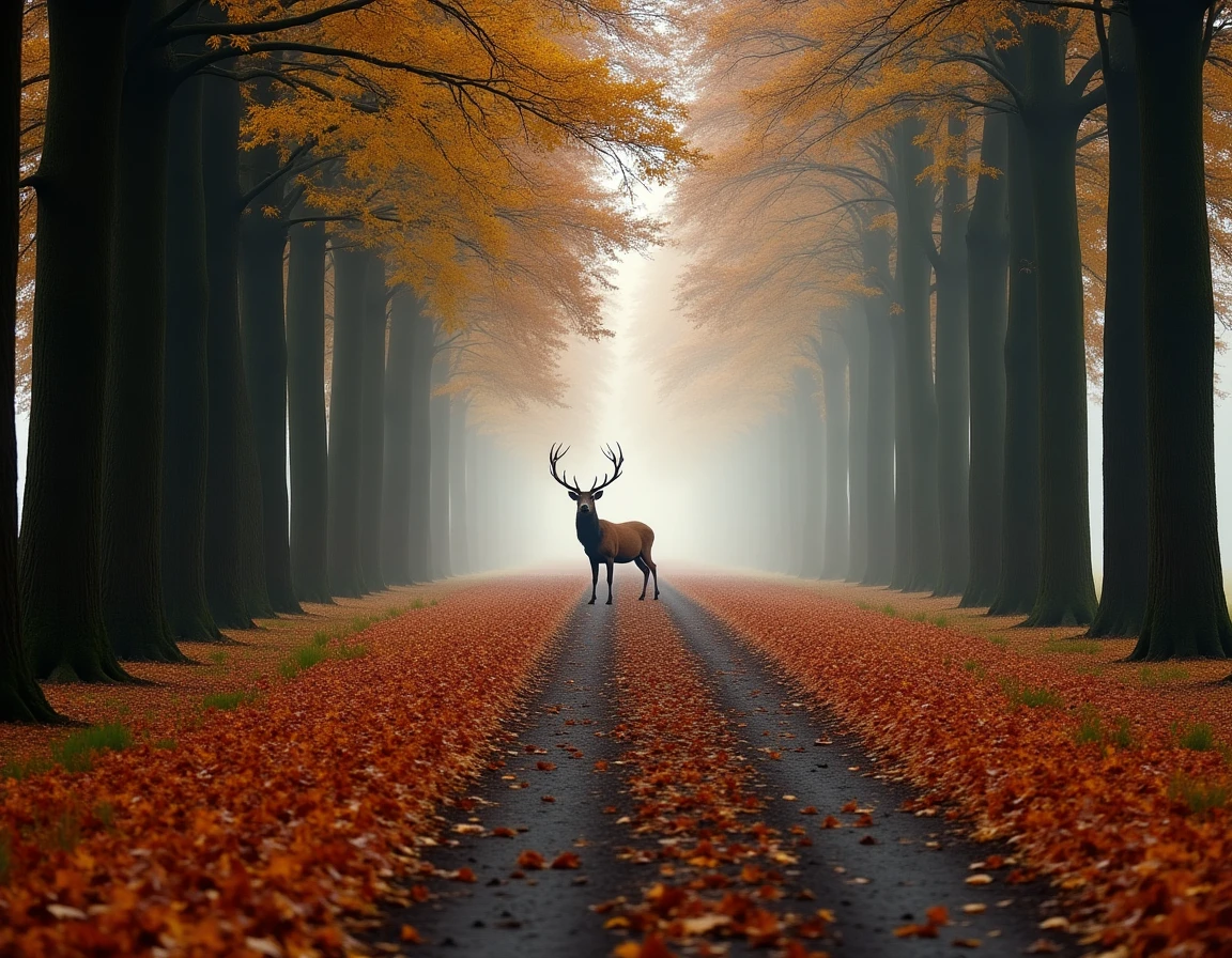 Vue panoramique de la forêt de Chambord en automne avec un cerf élaphe visible en arrière-plan dans la brume matinale