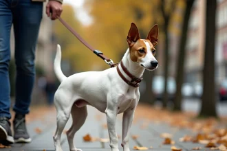 Fox Terrier à poil court en laisse lors d'une promenade urbaine sur un trottoir pavé en automne