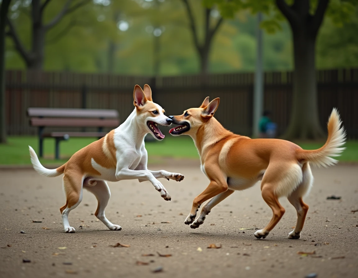 Fox Terrier à poil court jouant avec un autre chien dans un parc canin clôturé, socialisation naturelle