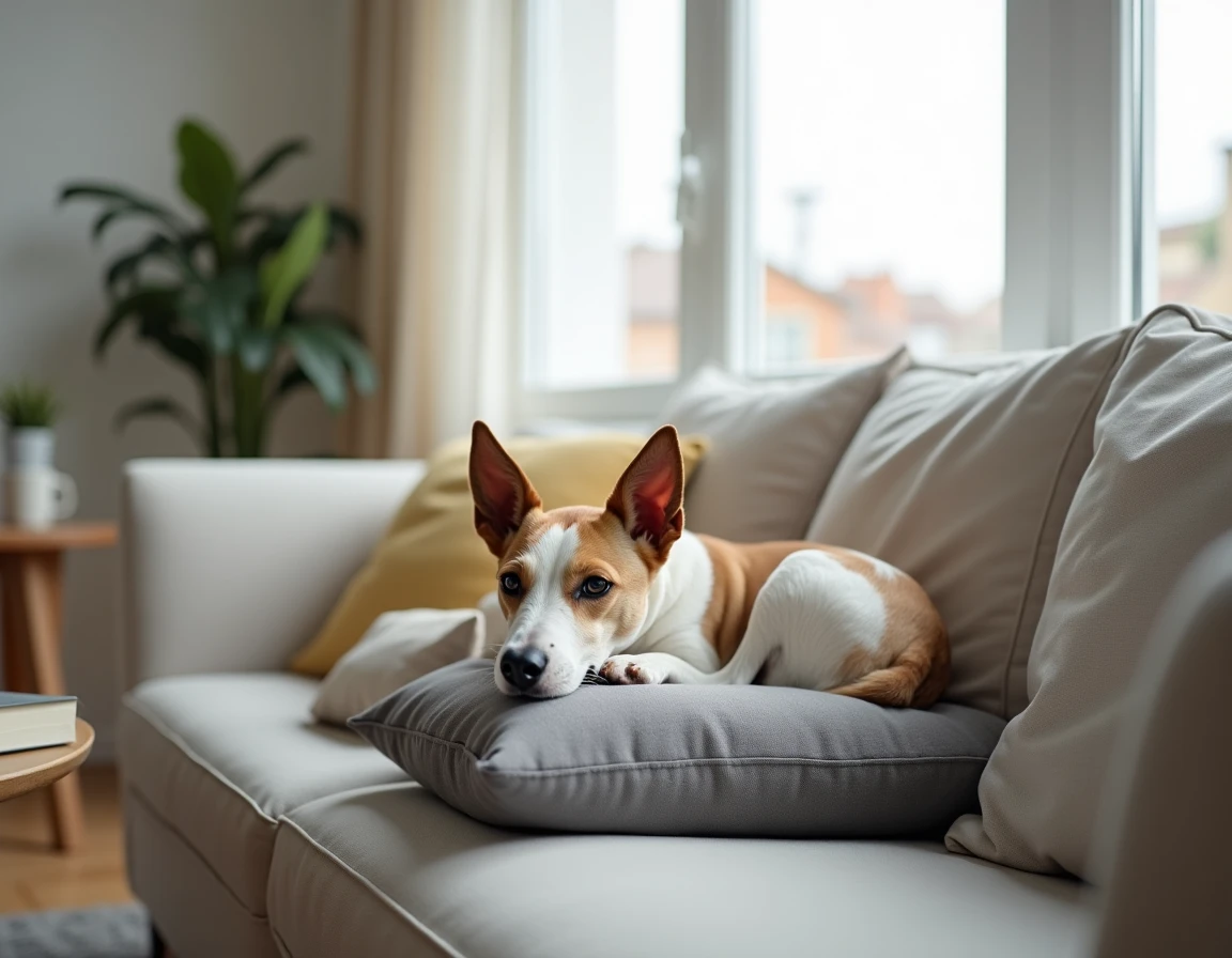 Fox Terrier à poil court allongé sur un canapé dans un appartement moderne, vie en intérieur