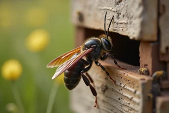 Frelon noir posé sur l'entrée d'une ruche en bois avec des abeilles en arrière-plan dans un jardin rural