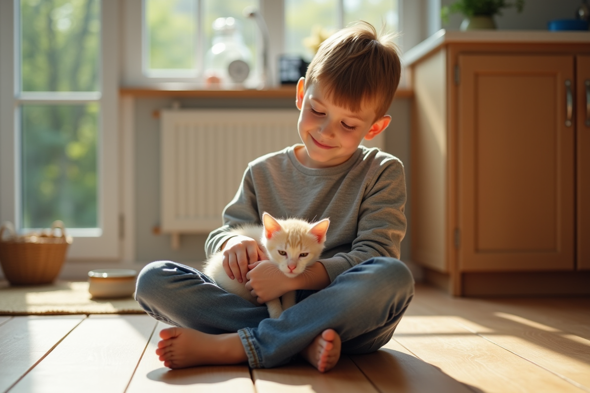 Garçon petant un chaton dans une cuisine lumineuse