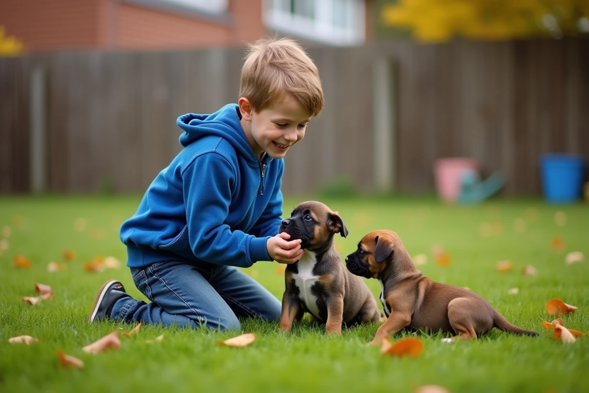 Jeune garçon offrant des friandises à deux chiots dans le jardin