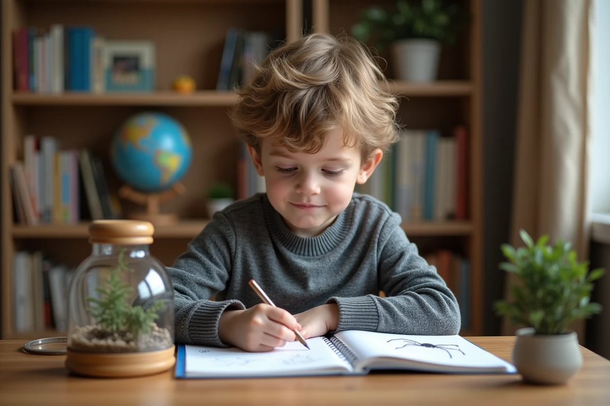 Garçon dessinant une araignée dans son carnet à la maison