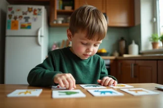 Garçon de 7 ans arrangeant des flashcards d'animaux dans la cuisine