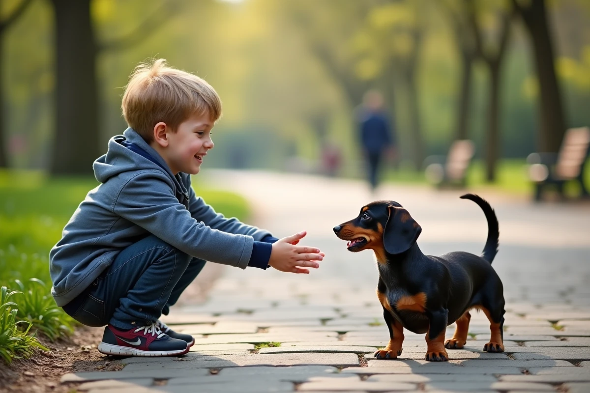 Jeune garçon avec un chien dachshund dans un parc urbain au printemps