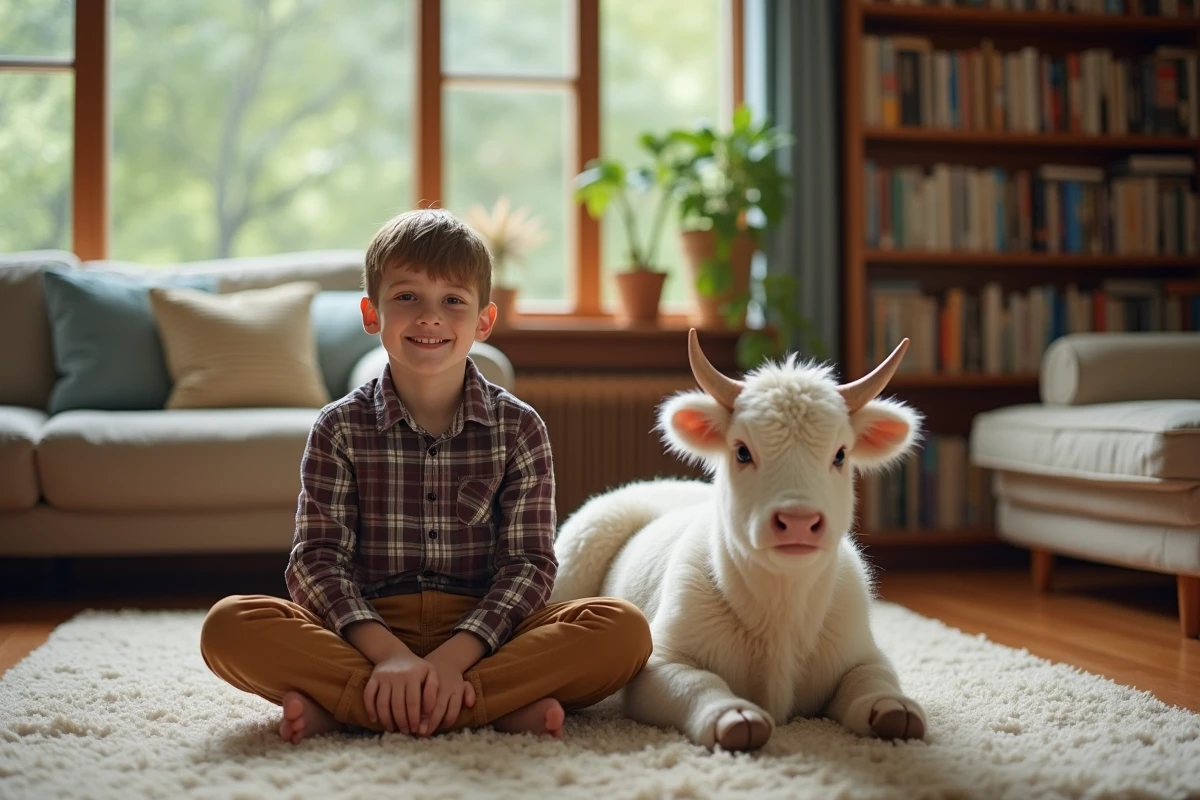 Garçon souriant avec une petite vache dans le salon