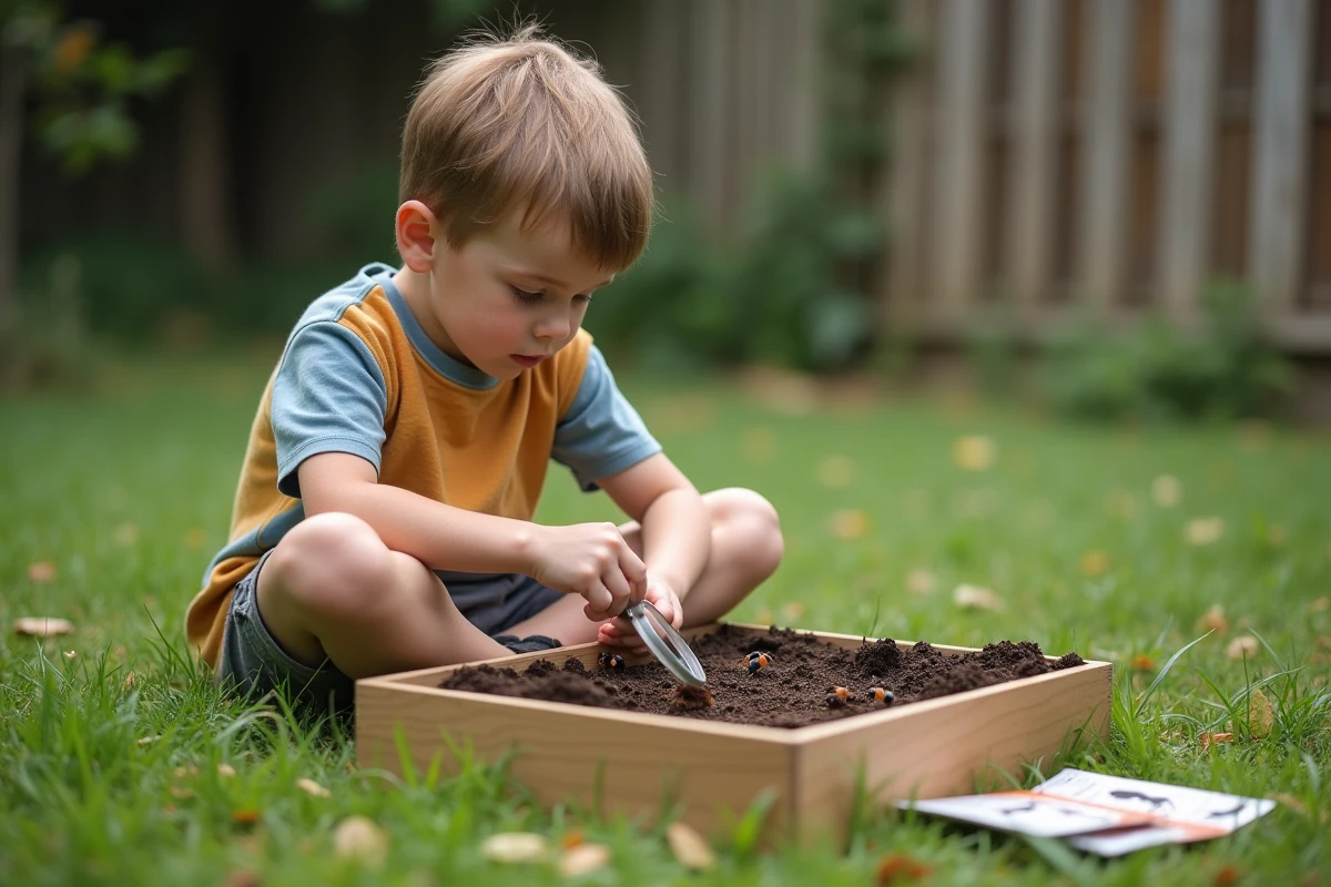 Garçon observant des fourmis dans un kit de ferme à l