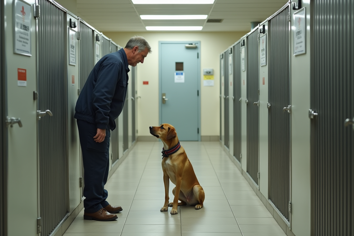 Homme ferme la niche d un chien rescue en refuge