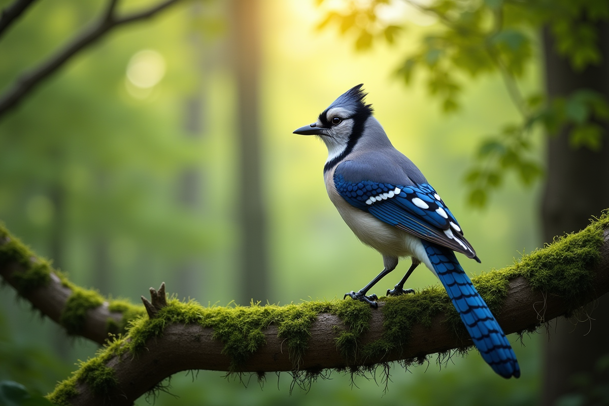 Geai eurasien perché sur une branche dans une forêt verte