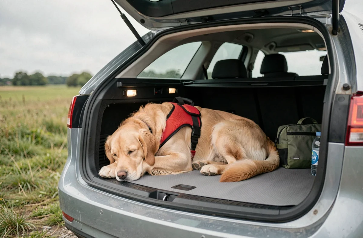 Golden retriever avec harnais rouge installé dans le coffre d'un break, attaché à un point d'ancrage de sécurité