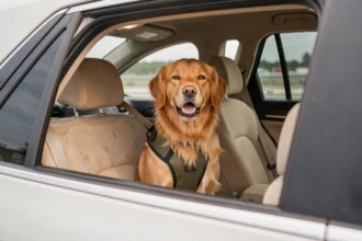Golden Retriever attaché avec un harnais de sécurité sur la banquette arrière d'un SUV pendant un trajet en voiture
