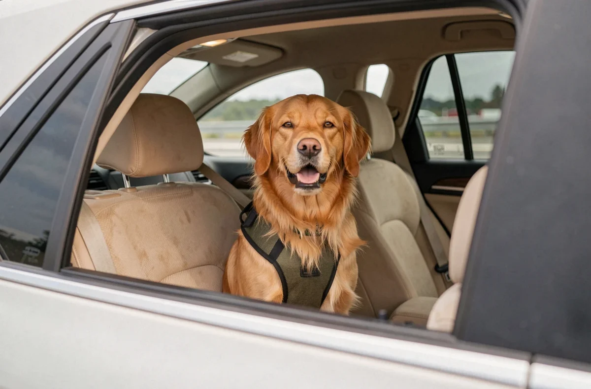 Golden Retriever attaché avec un harnais de sécurité sur la banquette arrière d'un SUV pendant un trajet en voiture