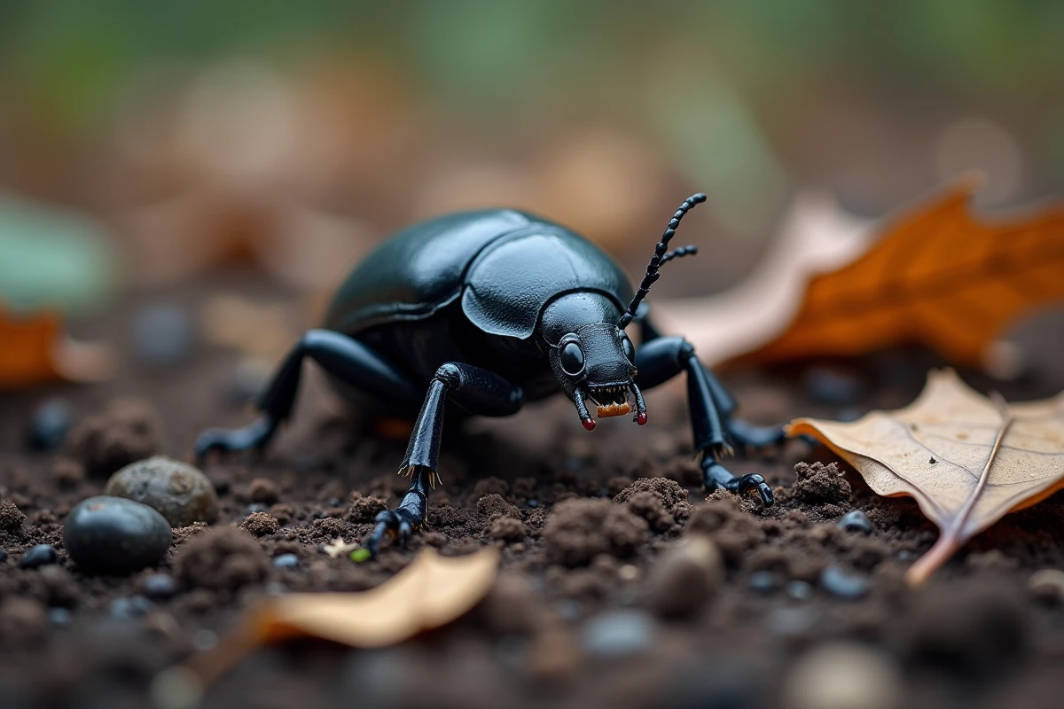 Grand carabe noir (Carabus coriaceus) marchant sur la terre humide d'un jardin, insecte utile prédateur de nuisibles, vu de près au niveau du sol
