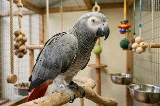 Gris du Gabon en parfaite santé perché dans une volière intérieure bien équipée avec jouets et perchoirs naturels