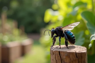 Gros insecte noir volant, une abeille charpentière Xylocopa violacea, posée sur une clôture en bois de jardin, vue en macro avec détail des ailes irisées