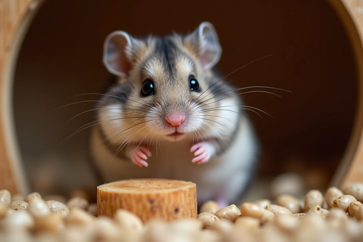 Gros plan hyper-réaliste d'un hamster russe nain aux joues gonflées perché sur une branche en bois dans son habitat naturel