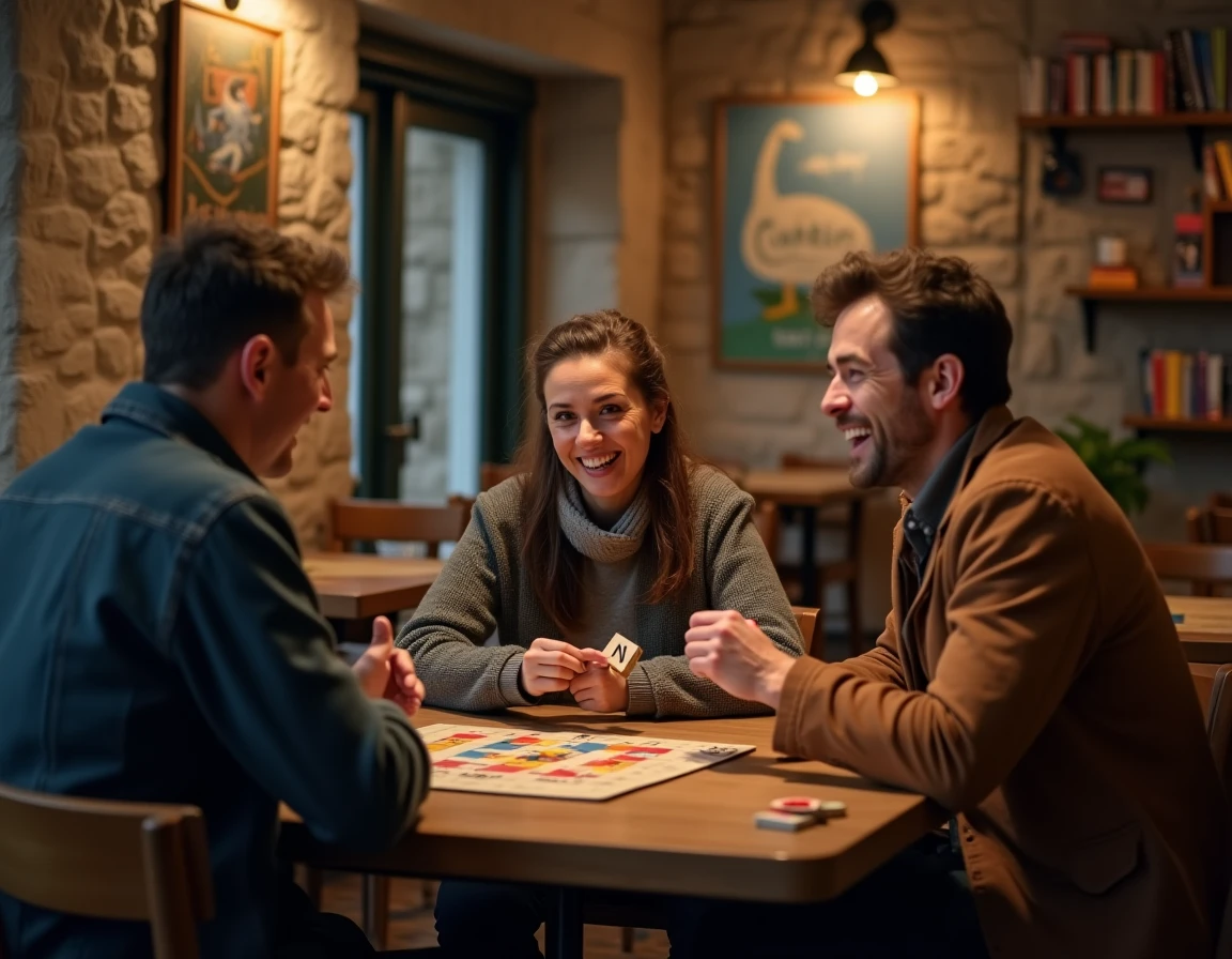 Groupe d'adultes jouant à un jeu de lettres dans un café, tenant une tuile avec la lettre N