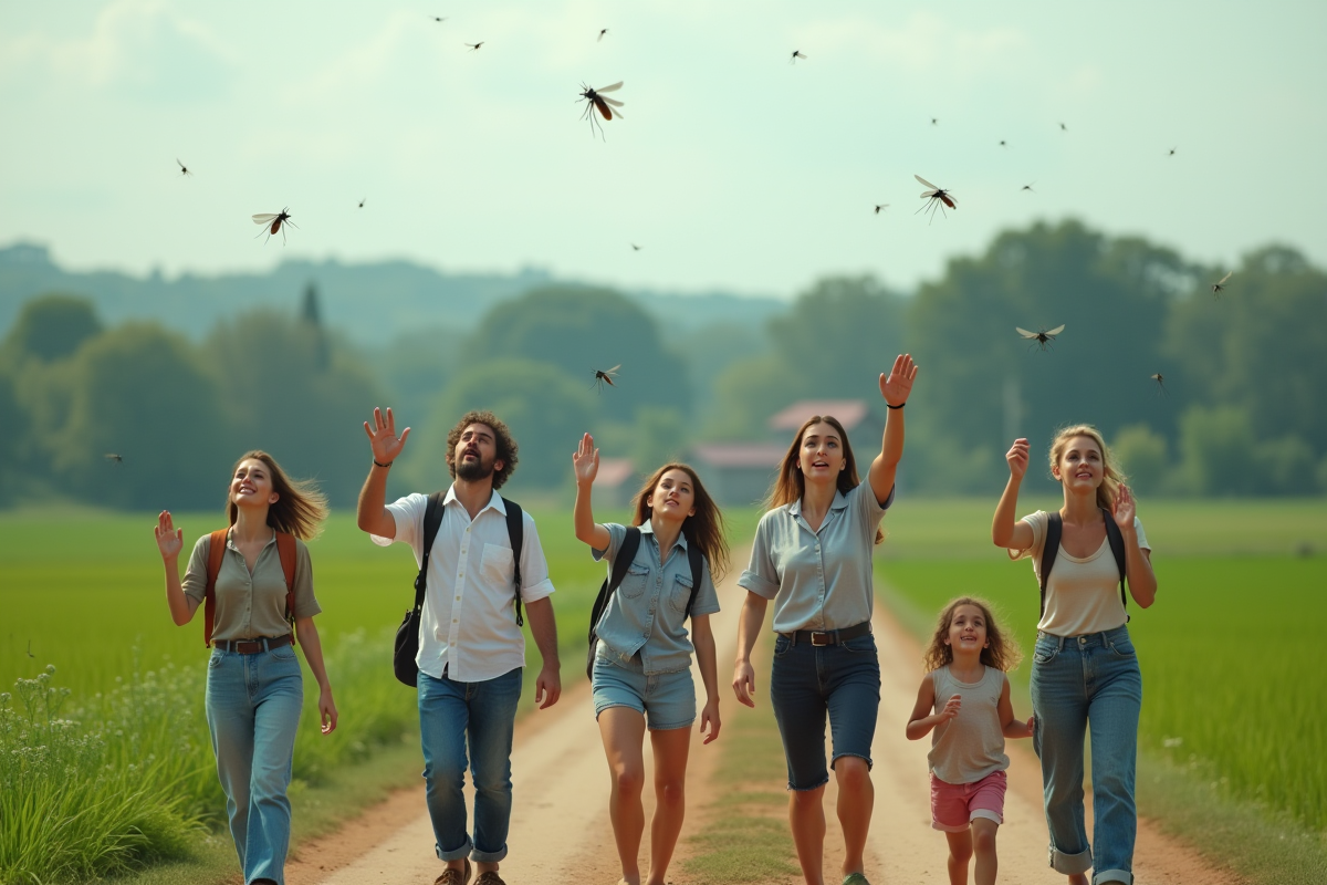 Groupe de personnes chassant des moustiques en plein air