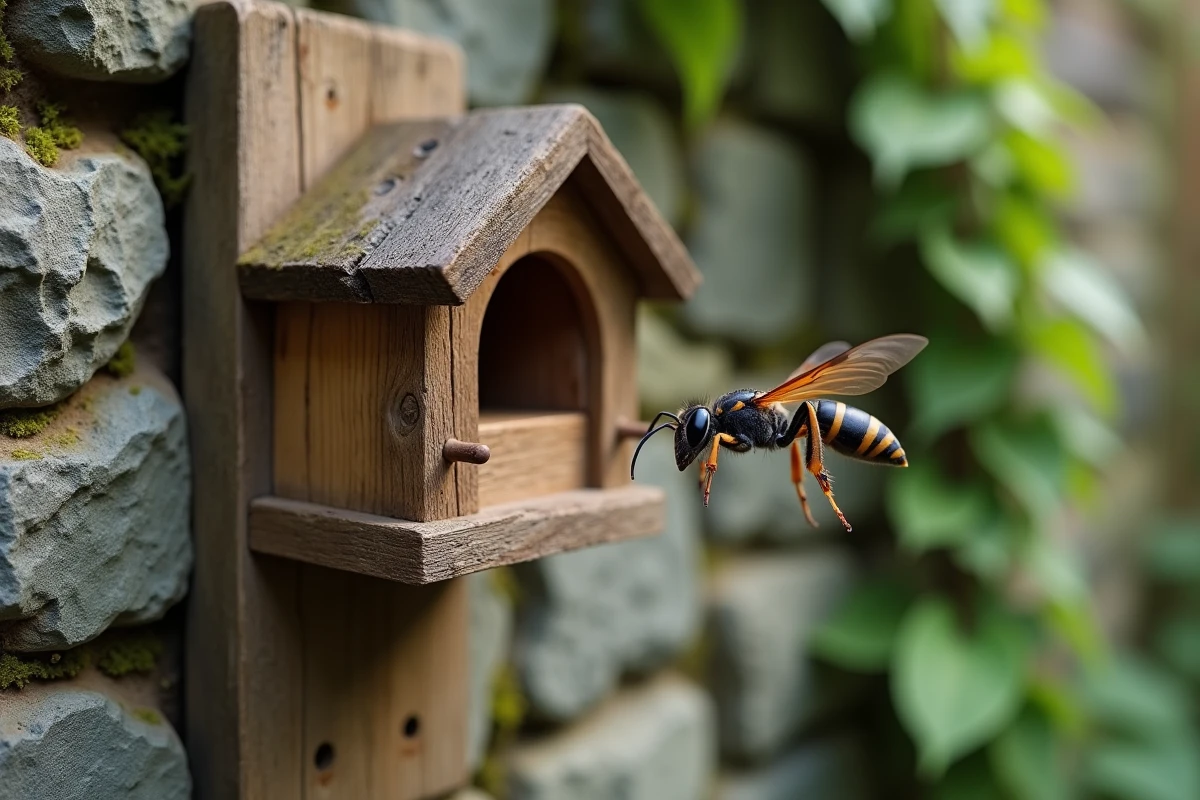 Guêpe maçonne noire en vol devant un hôtel à insectes en bois fixé sur un mur de pierre dans un jardin, insecte volant noir utile à la biodiversité
