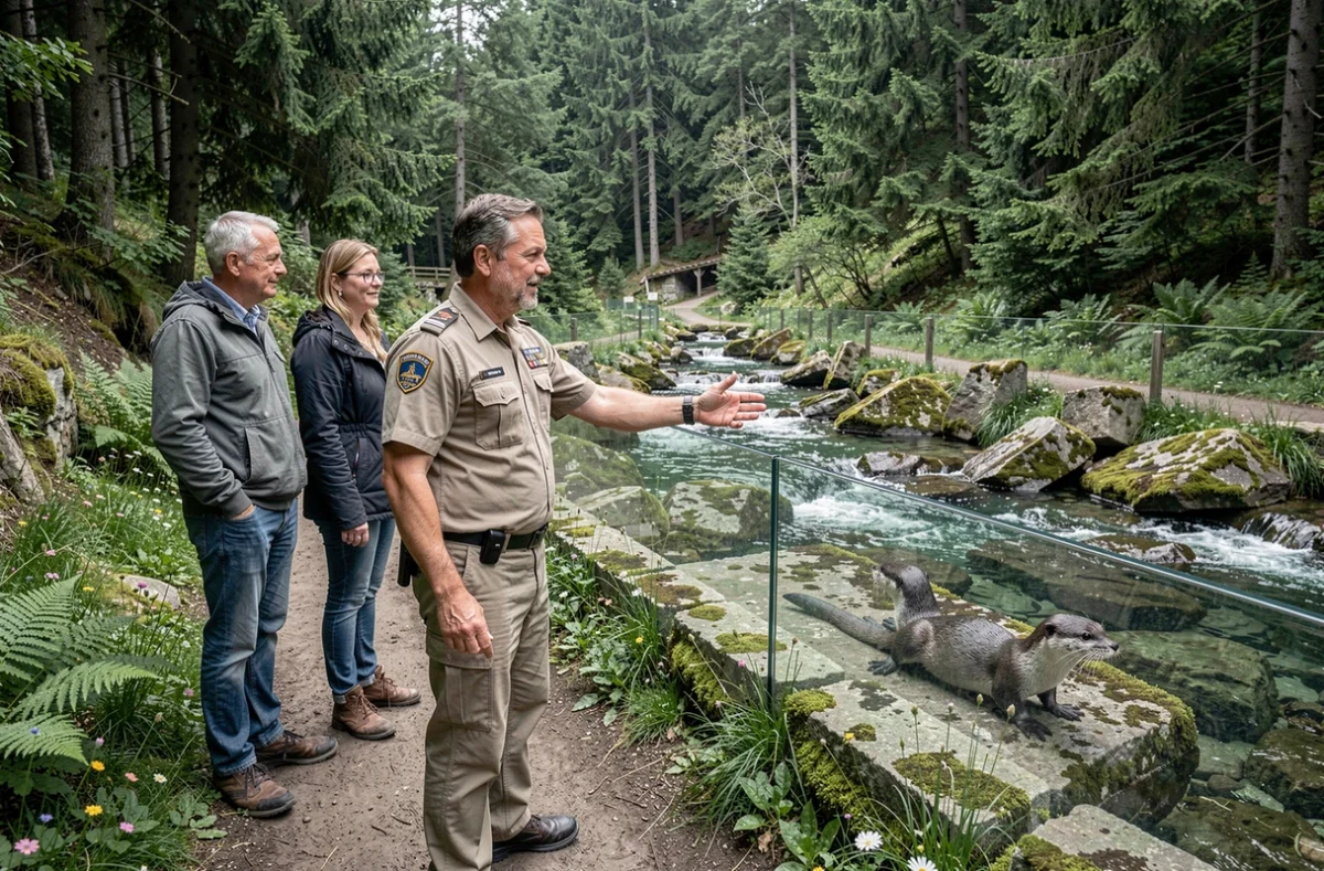 Garde animalier guidant des visiteurs devant l'enclos des loutres dans un parc naturel en Savoie