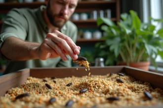 Jeune homme distribuant nourriture à un habitat à cricket