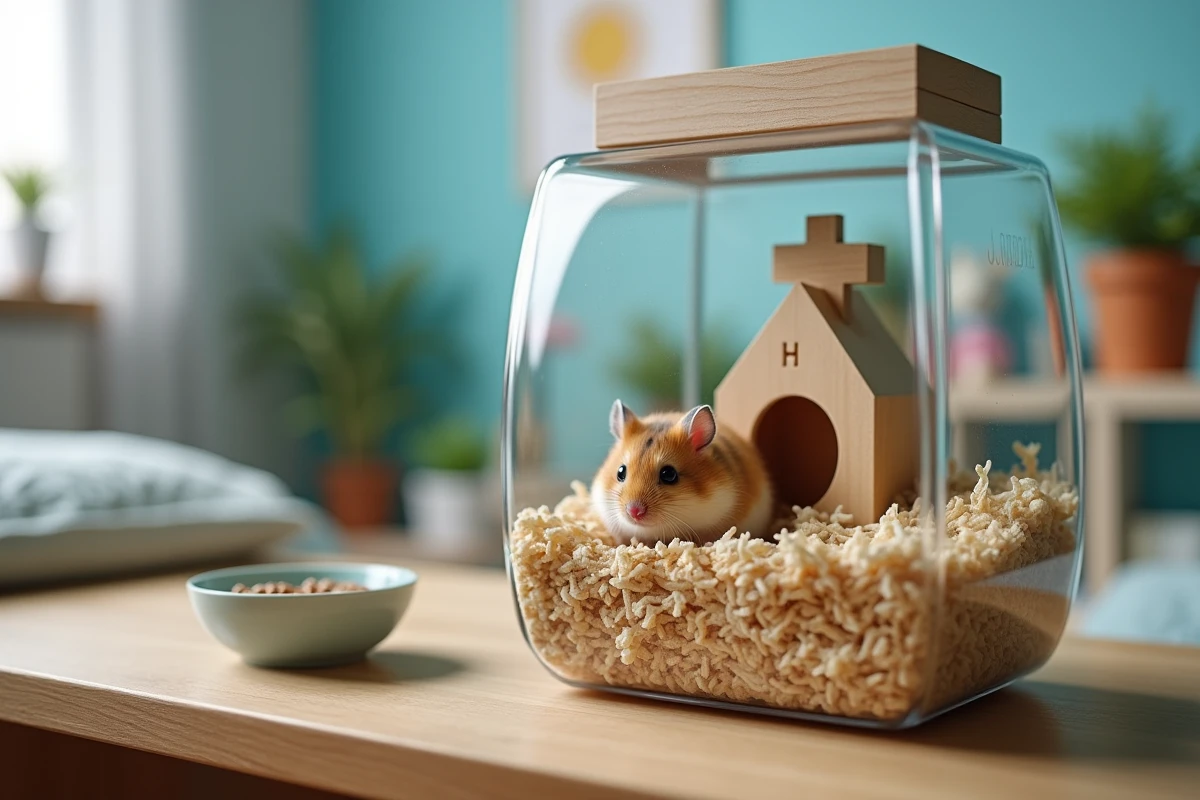 Hamster russe nain explorant un terrarium bien aménagé avec roue, cachette en bois et litière naturelle dans une chambre d'enfant