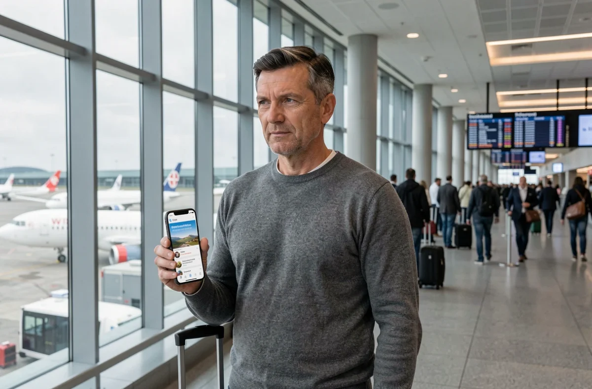 Homme consultant une application de comparateur d'assurance voyage sur son smartphone dans un aéroport
