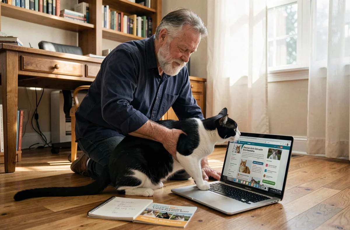 Homme âgé consultant des ressources de prévention santé pour son chat sur un ordinateur portable dans un bureau à domicile chaleureux