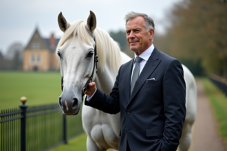 Homme en costume élégant avec un cheval arabe blanc