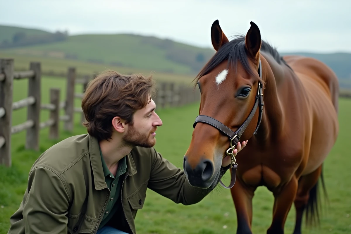Jeune homme interagissant avec un cheval sauvé dans un pré, symbolisant la défense du bien-être animal