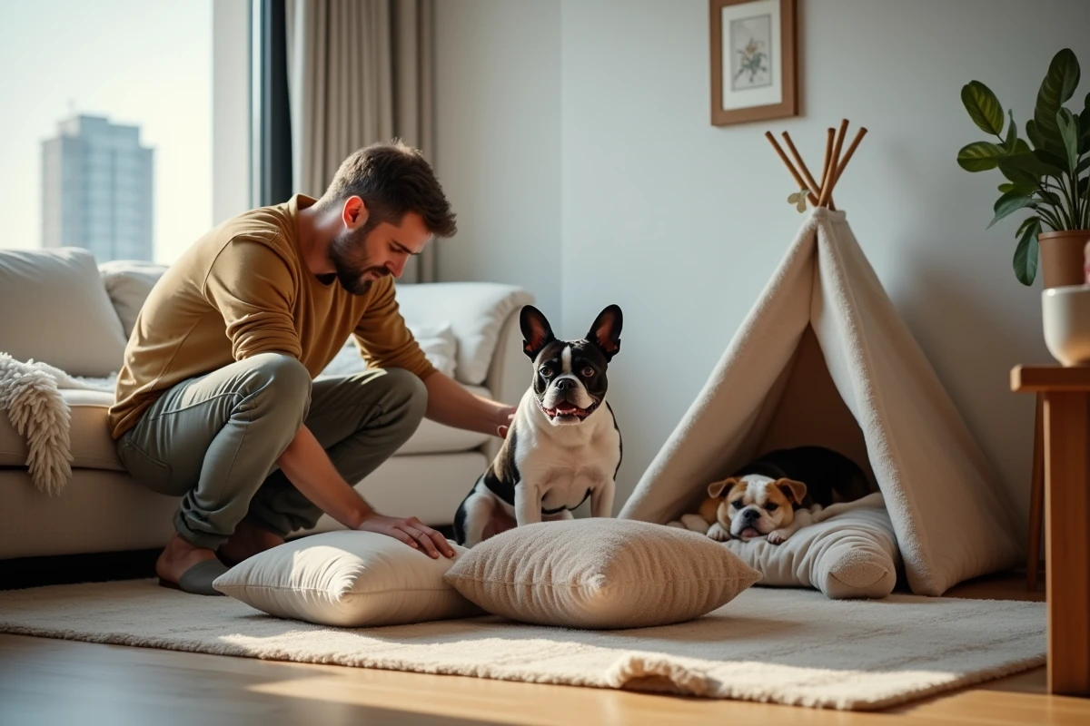 Homme arrangeant coussins pour chien dans un salon moderne