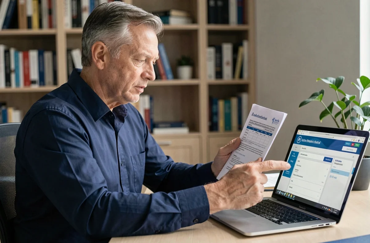 Homme comparant relevé de mutuelle et espace personnel en ligne sur ordinateur portable