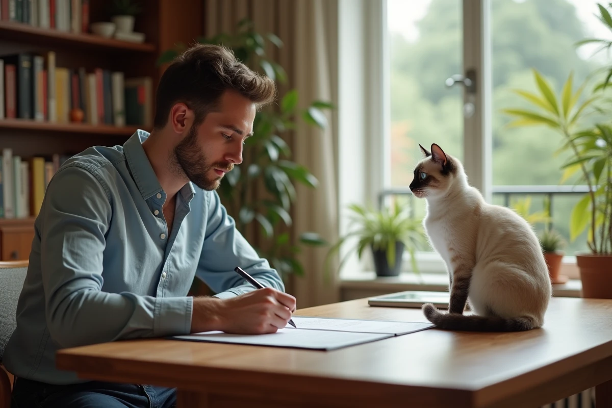 Homme lisant un contrat avec un chat Birman dans un bureau