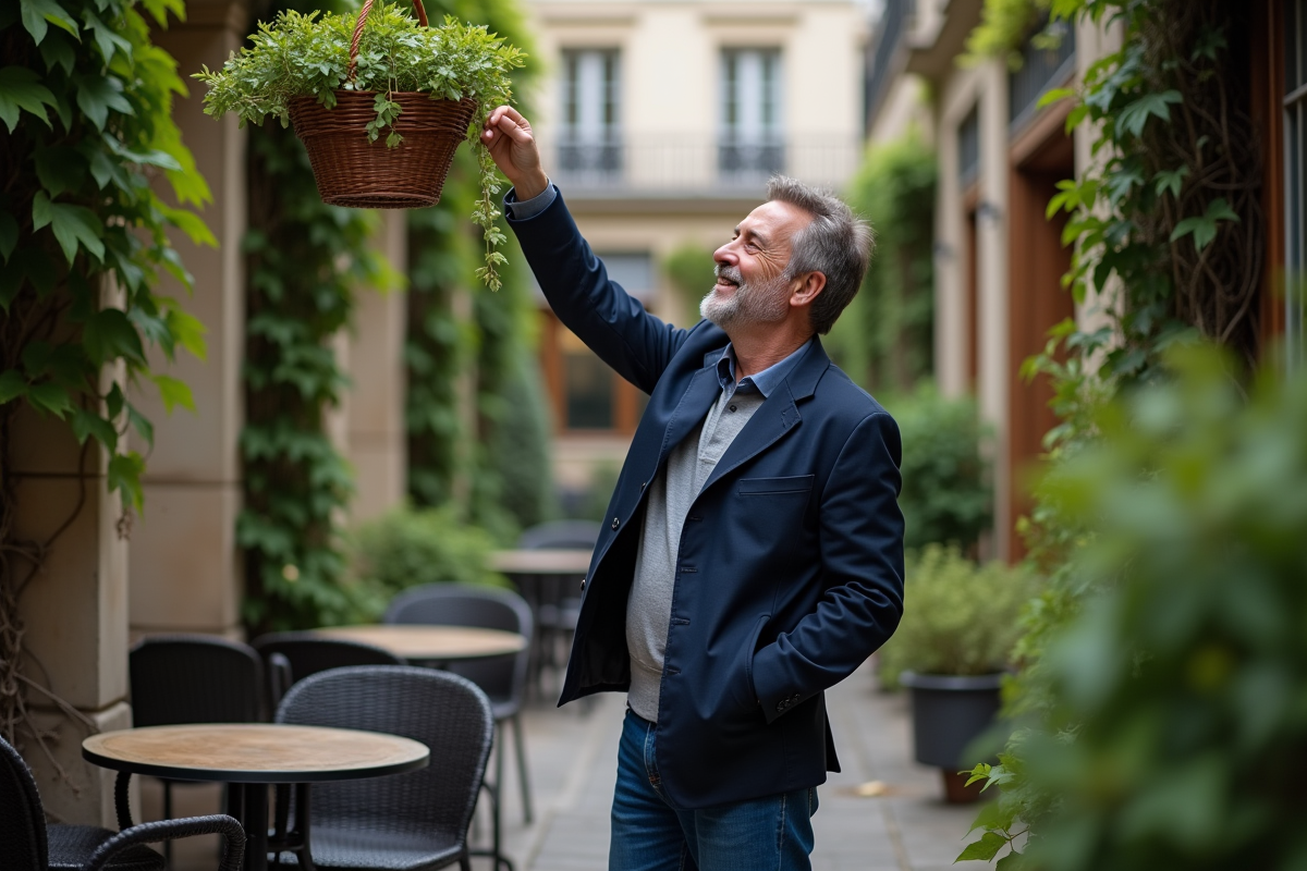 Homme dans une cour urbaine parisienne avec jardins verticaux